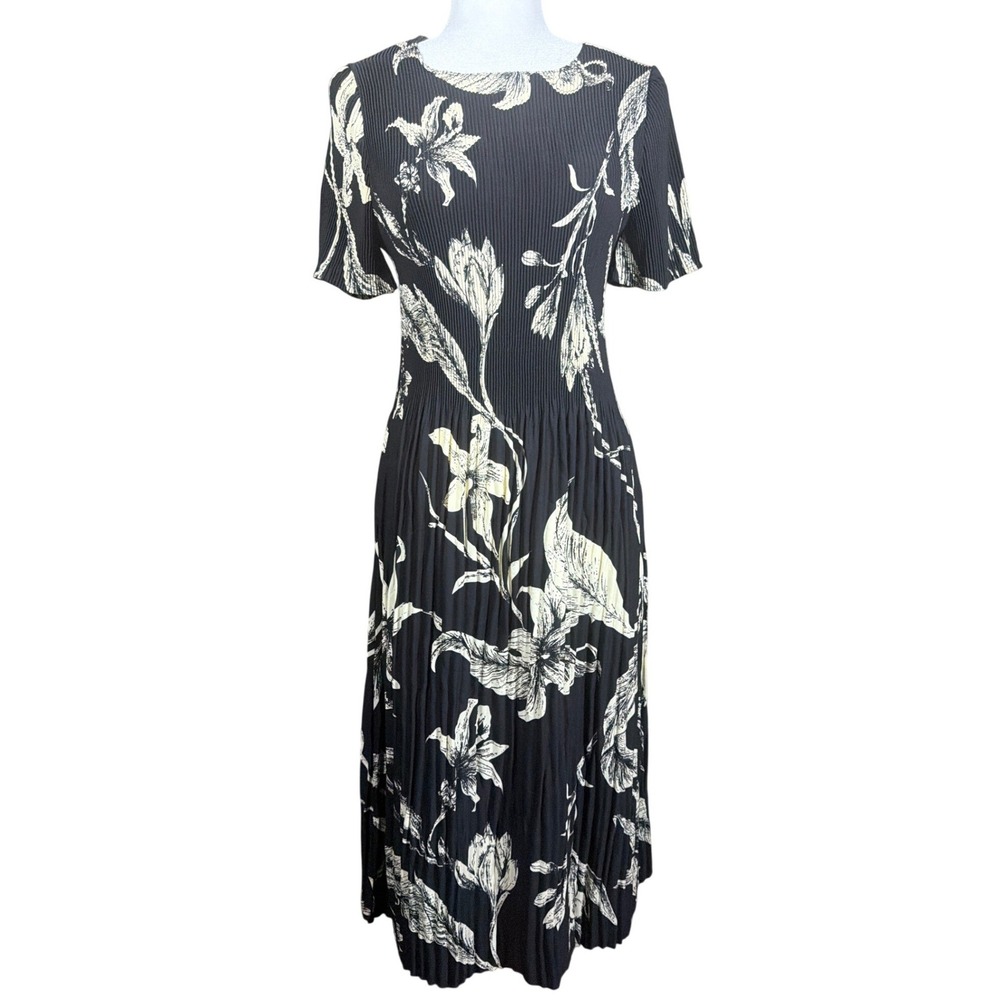 Kindred Dress Womens L Plisse Midi Black Floral Short Sleeve Pleated Kindred